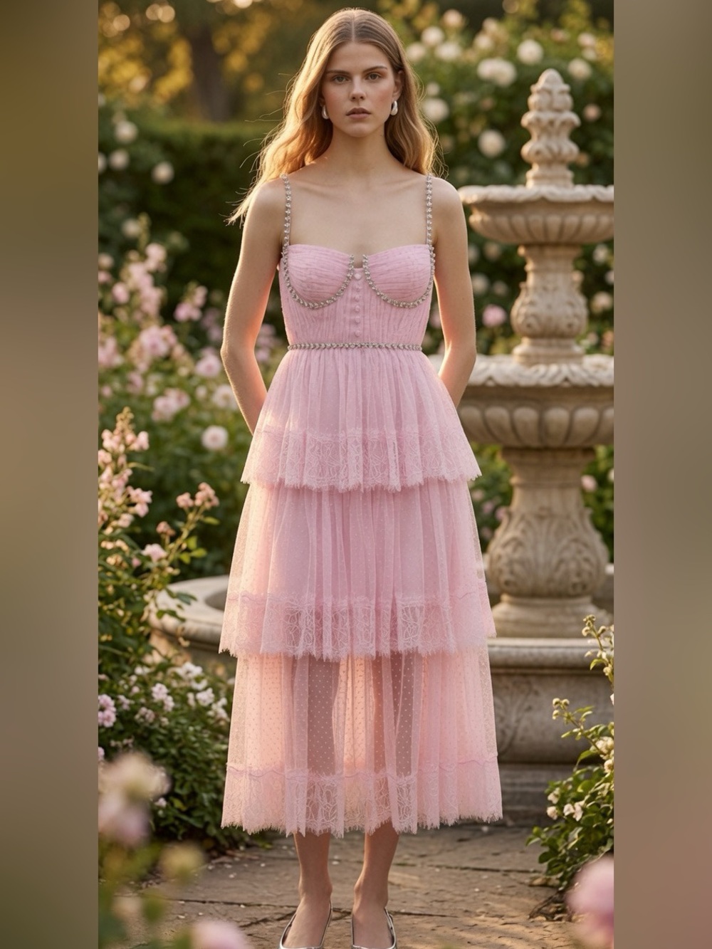Self-Portrait Pink Tiered Lace Midi Dress with Beaded Straps US 12